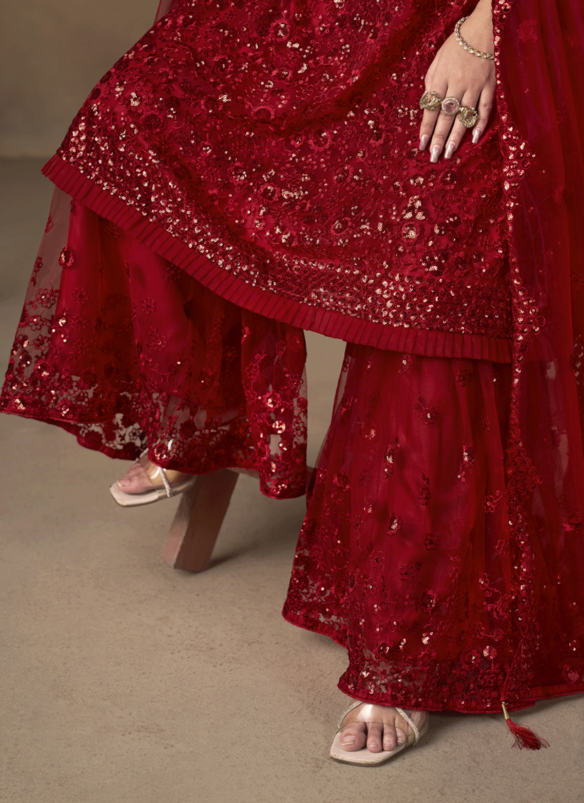 Stunning Cherry Red Designer Net Sharara Kameez for Memorable Celebrations