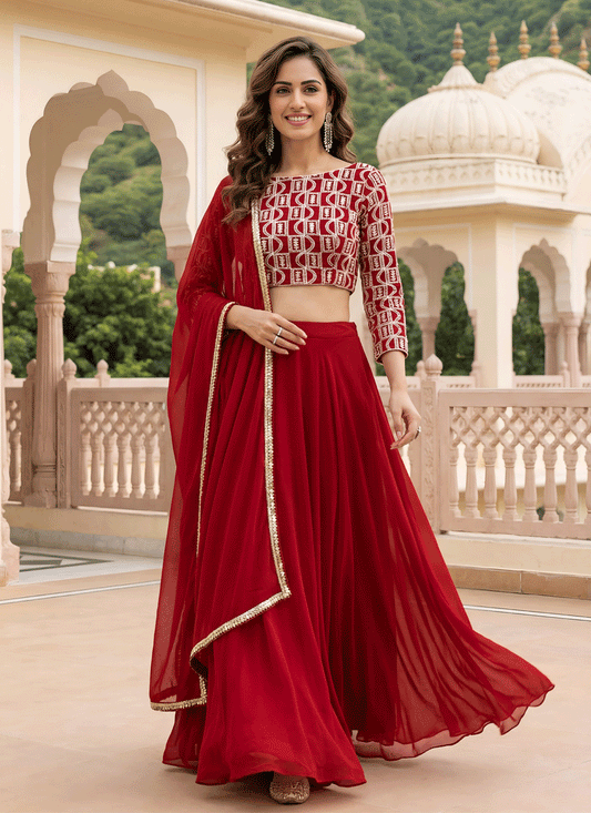 Crimson Red Georgette Lehenga Choli with Classic Traditional Work