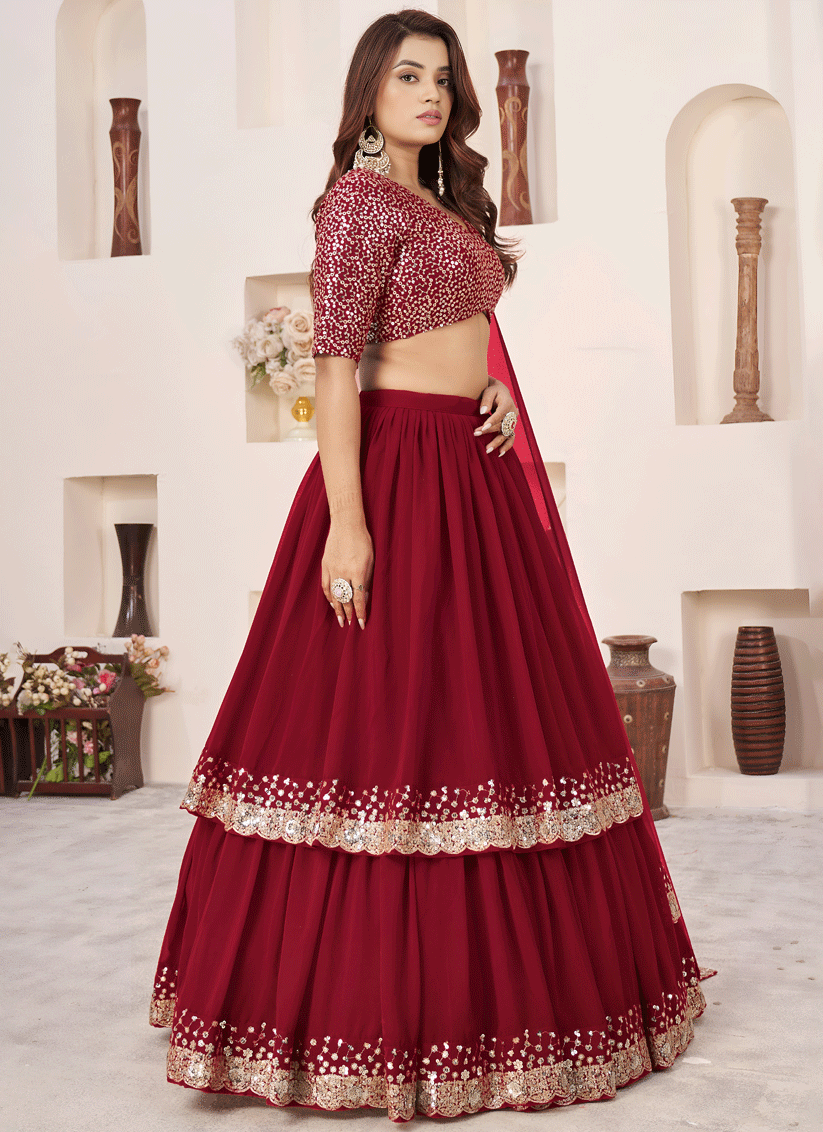 Ruby Red Sequins & Embroidered Georgette Lehenga Choli with Soft Net Dupatta