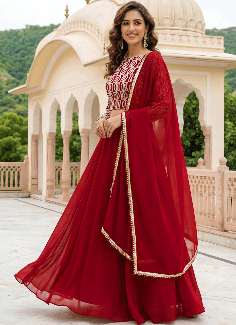 Crimson Red Georgette Lehenga Choli with Classic Traditional Work