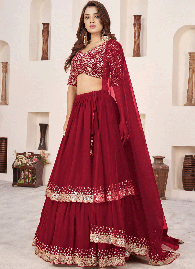 Ruby Red Sequins & Embroidered Georgette Lehenga Choli with Soft Net Dupatta
