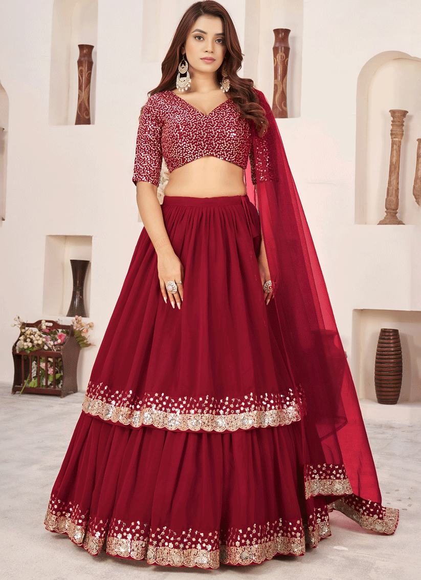 Ruby Red Sequins & Embroidered Georgette Lehenga Choli with Soft Net Dupatta