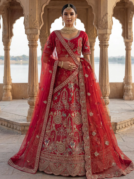 Luxurious Red Thread-Embroidered Silk Bridal Lehenga with Double Dupatta