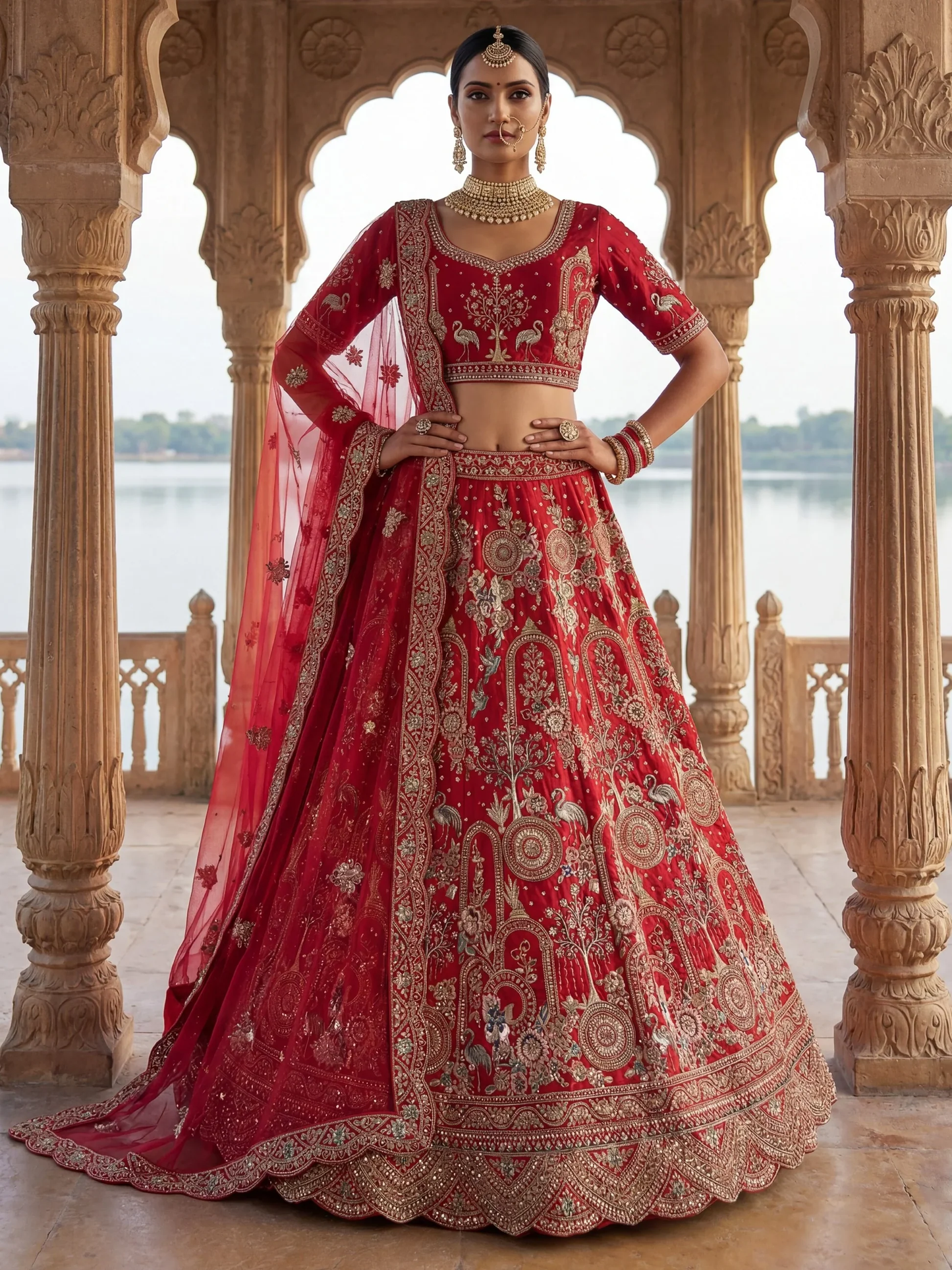 Luxurious Red Thread-Embroidered Silk Bridal Lehenga with Double Dupatta