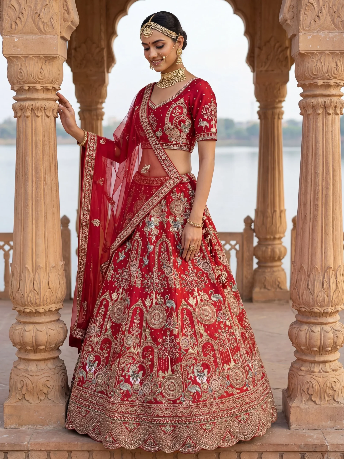Luxurious Red Thread-Embroidered Silk Bridal Lehenga with Double Dupatta