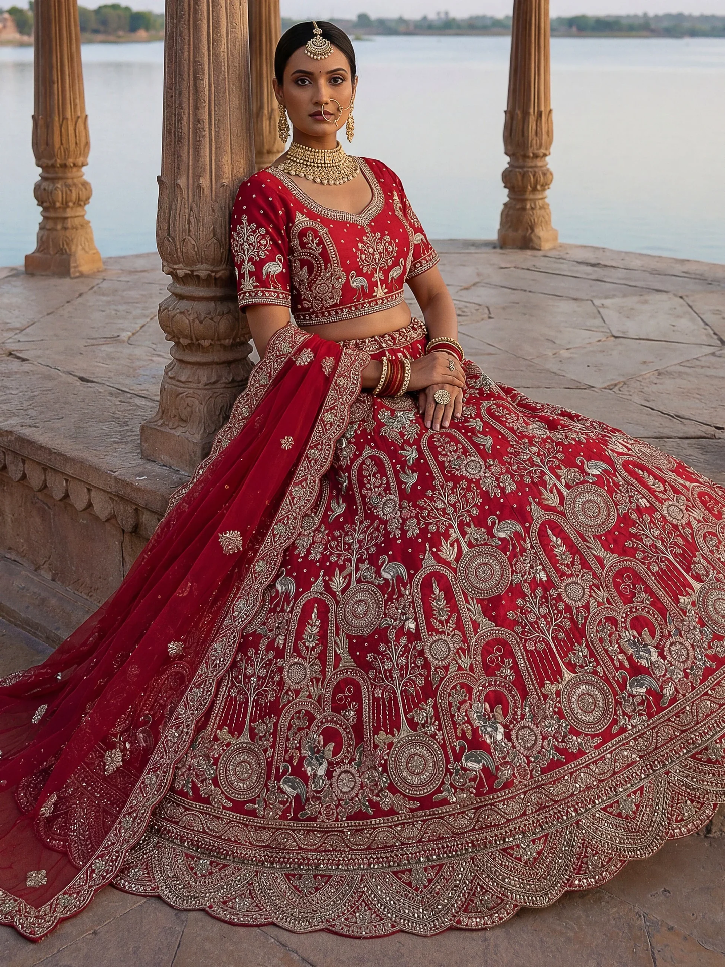 Luxurious Red Thread-Embroidered Silk Bridal Lehenga with Double Dupatta