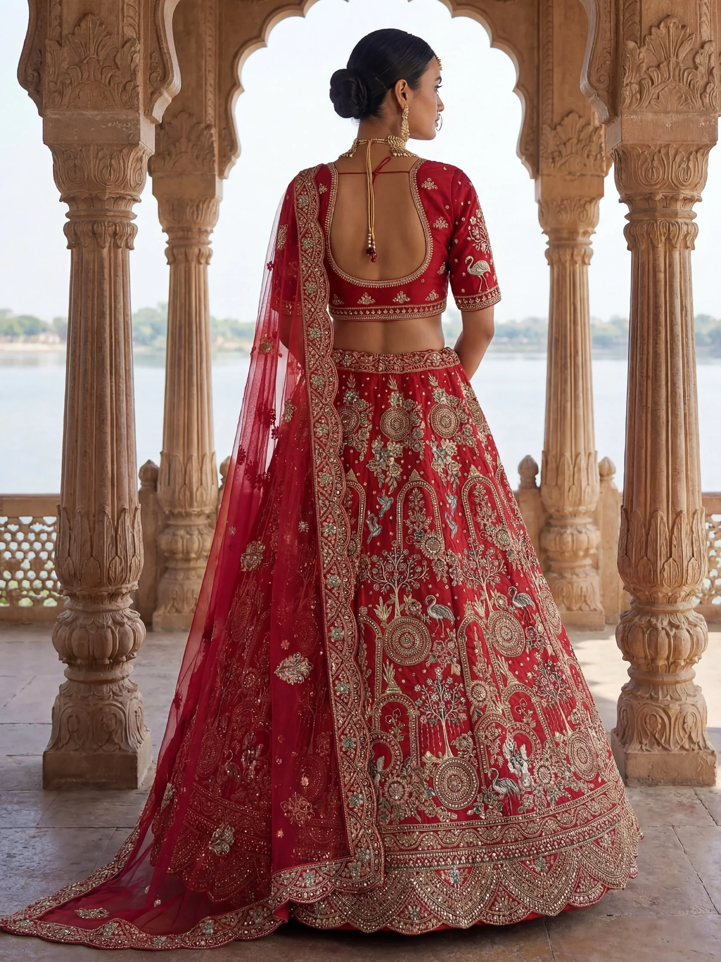 Luxurious Red Thread-Embroidered Silk Bridal Lehenga with Double Dupatta
