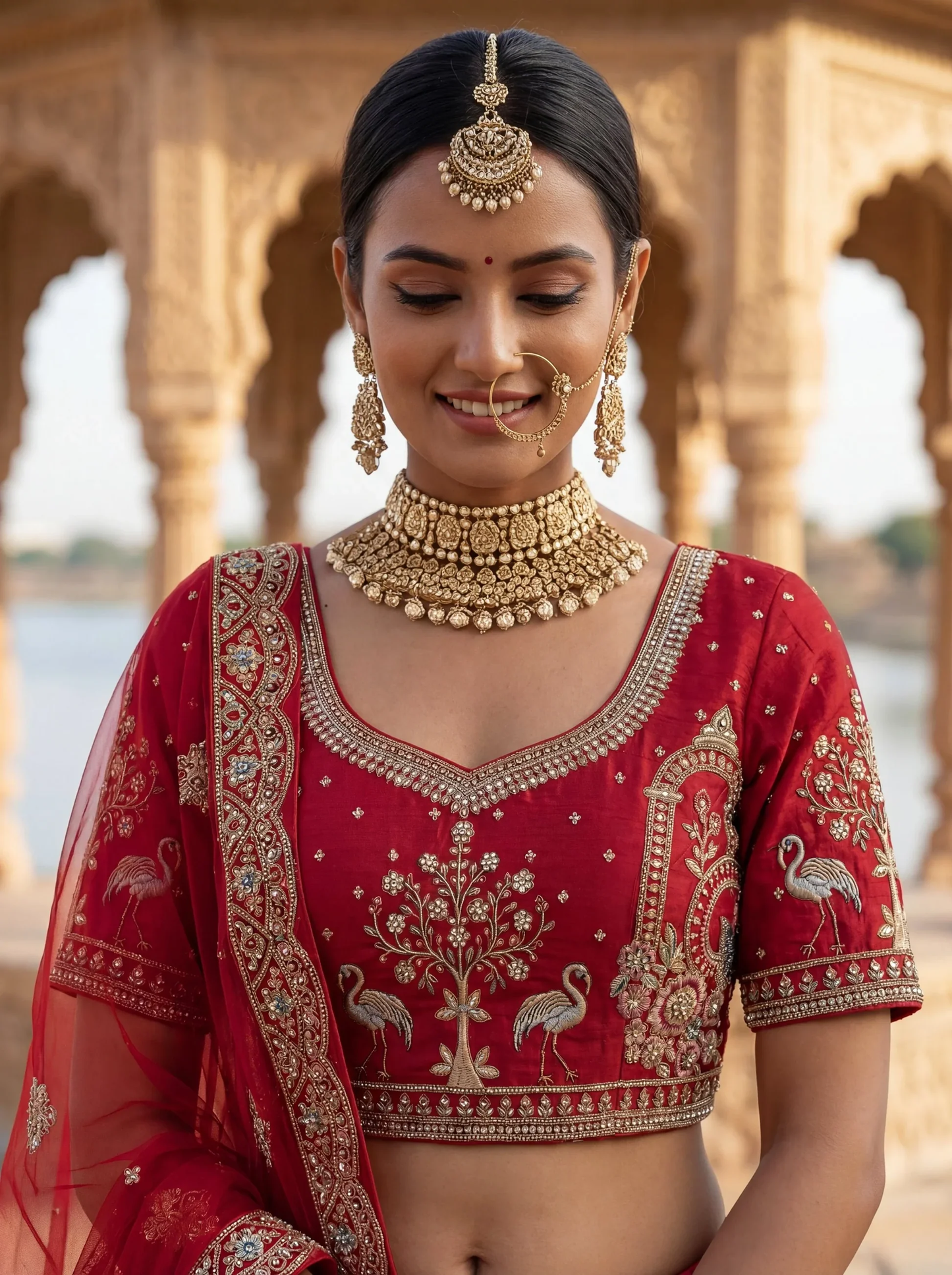 Luxurious Red Thread-Embroidered Silk Bridal Lehenga with Double Dupatta