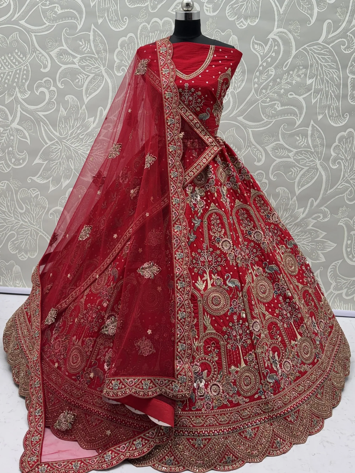 Luxurious Red Thread-Embroidered Silk Bridal Lehenga with Double Dupatta