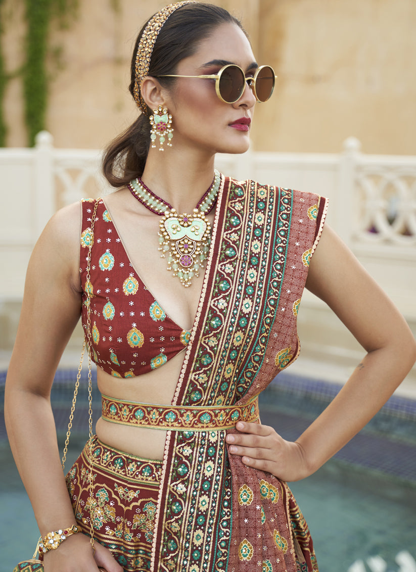 Rust Maroon Rajwadi Silk Embellished Lehenga Choli