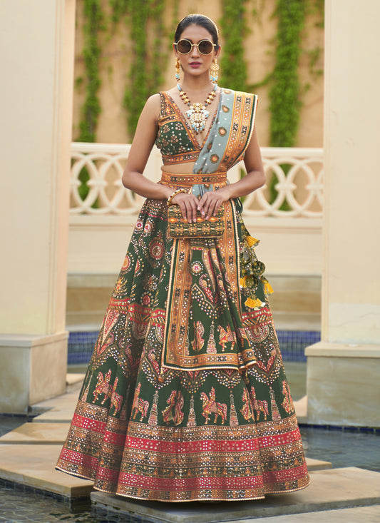 Forest Green Rajwadi Silk Embellished Lehenga Choli