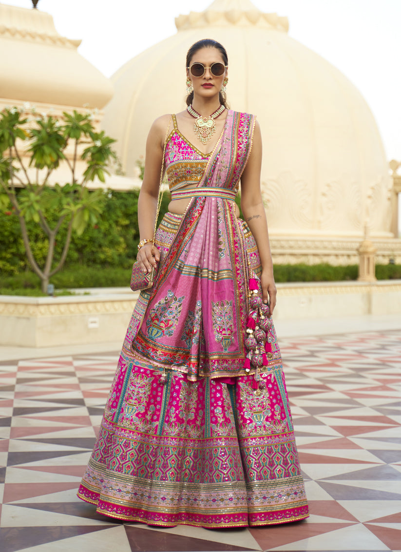 Rani Pink Rajwadi Silk Embellished Lehenga Choli