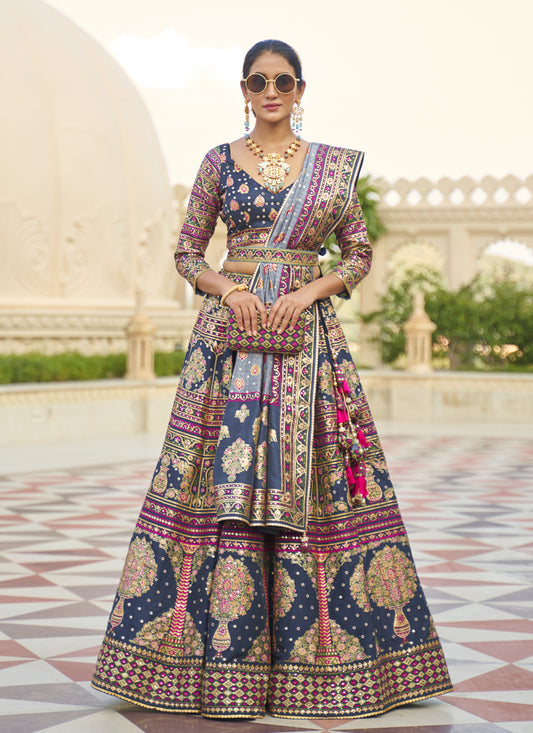 Prussian Blue Rajwadi Silk Embellished Lehenga Choli