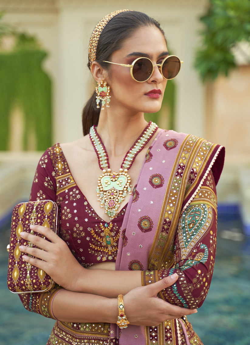 Wine Rajwadi Silk Embellished Lehenga Choli