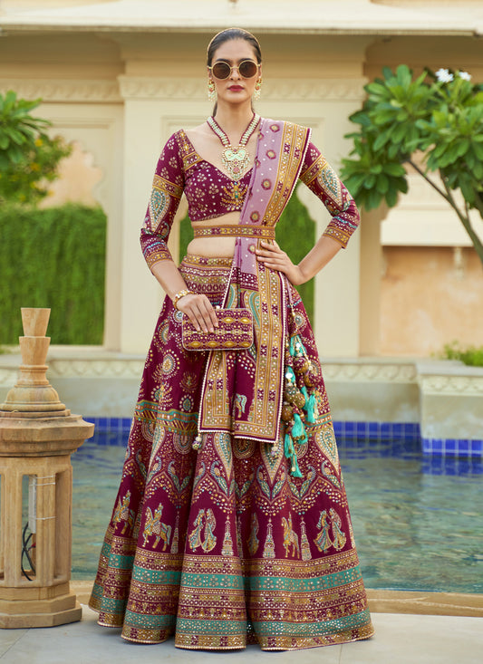 Wine Rajwadi Silk Embellished Lehenga Choli