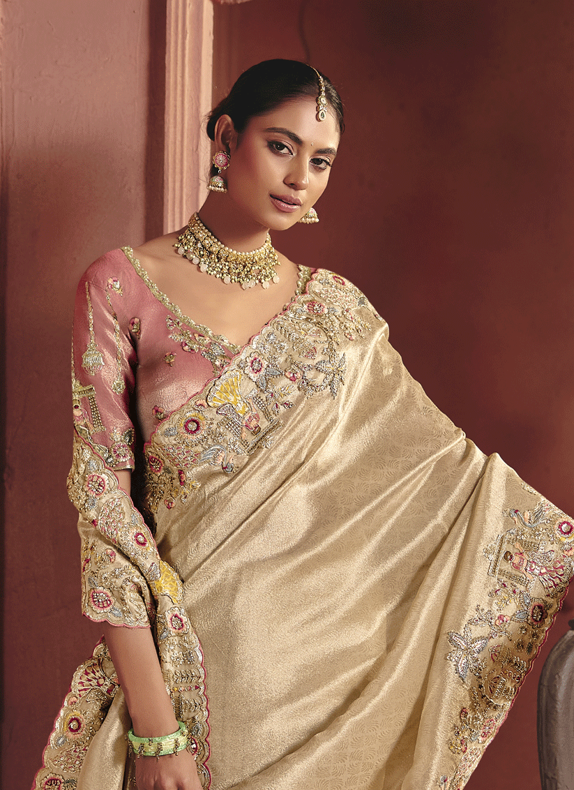 Beige Silk Zari Woven Wedding Wear Embroidered Sequins With Stone Work Saree