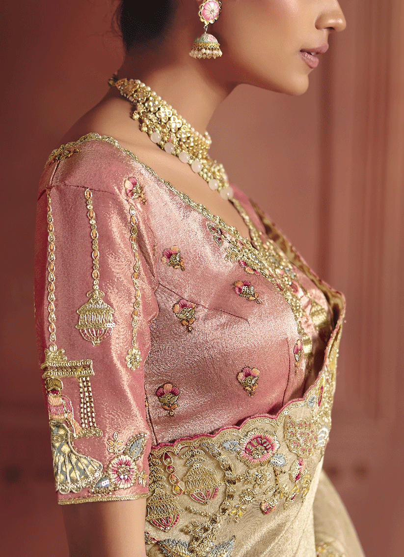 Beige Silk Zari Woven Wedding Wear Embroidered Sequins With Stone Work Saree