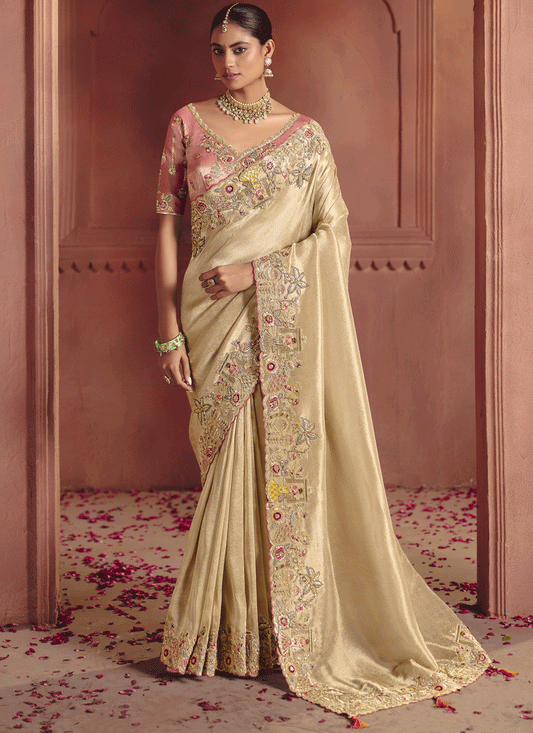Beige Silk Zari Woven Wedding Wear Embroidered Sequins With Stone Work Saree