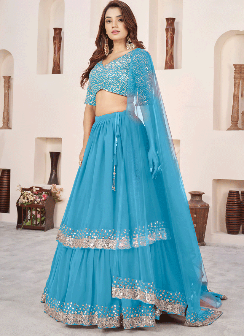 Sky Glow Blue Sequins & Embroidered Georgette Lehenga Choli with Soft Net Dupatta