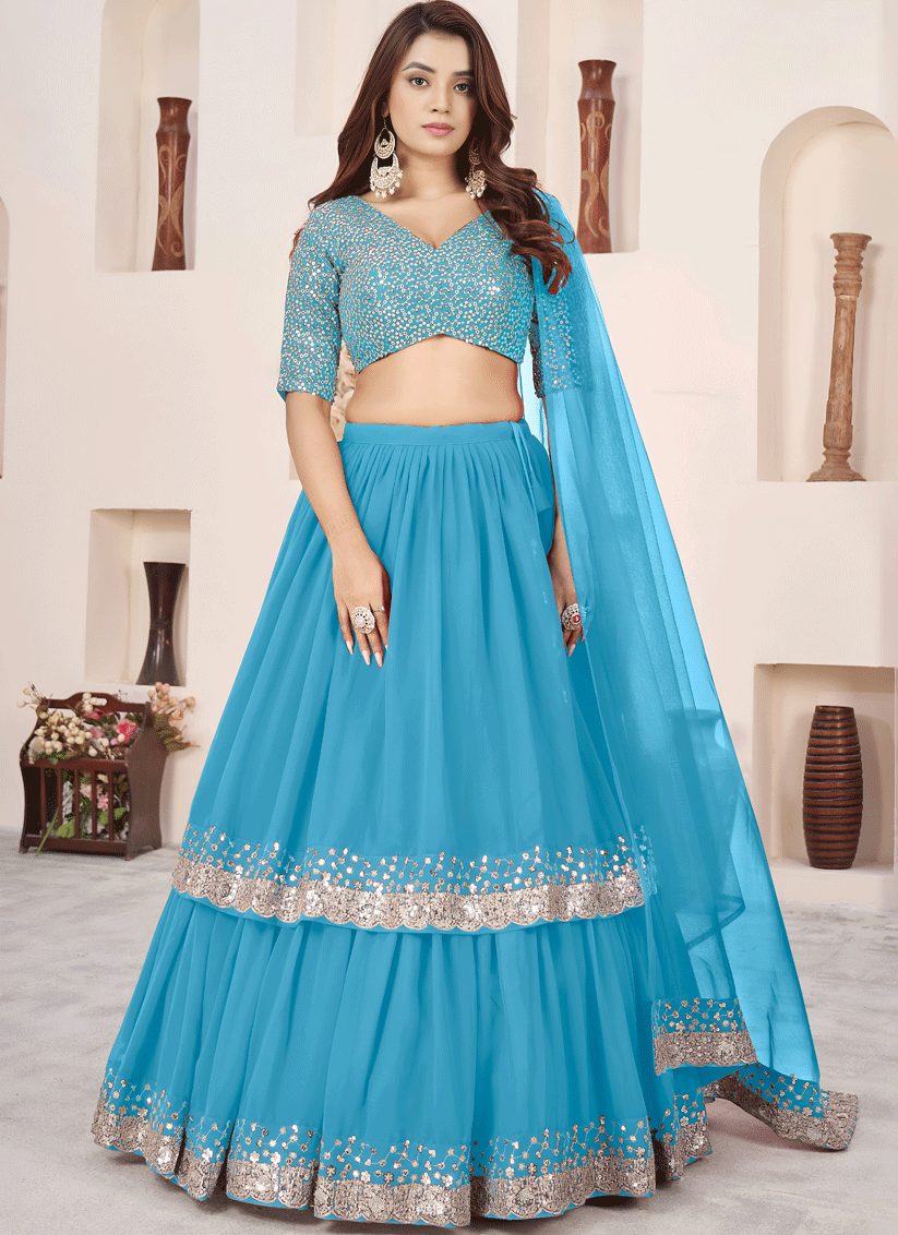 Sky Glow Blue Sequins & Embroidered Georgette Lehenga Choli with Soft Net Dupatta
