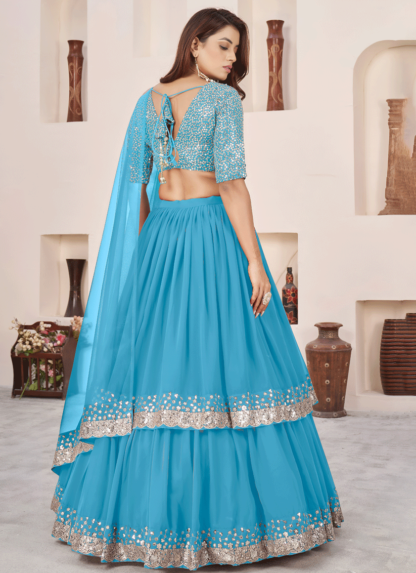 Sky Glow Blue Sequins & Embroidered Georgette Lehenga Choli with Soft Net Dupatta