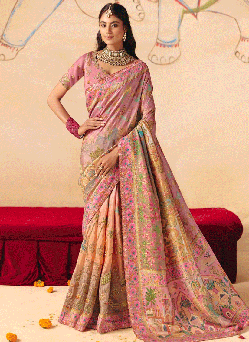 Elegant Peach Dola Silk Saree with Zari Embroidery, Sequins Detailing & Wedding Wear Saree