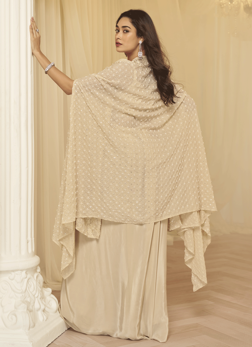 Beige Georgette Threadwork Sequins Embellished Wedding Wear Suit Indowestern