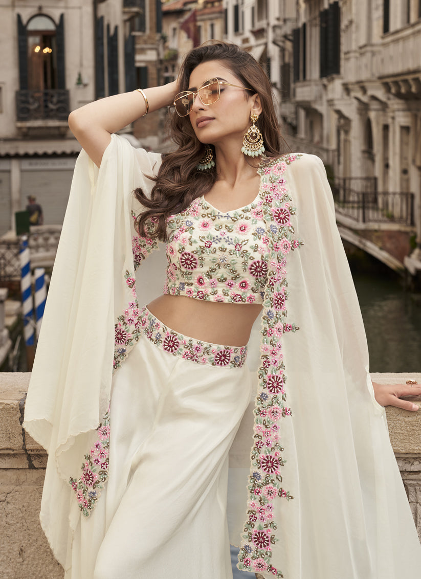Pearl White Cording & Sequins Embroidered Designer IndoWestern