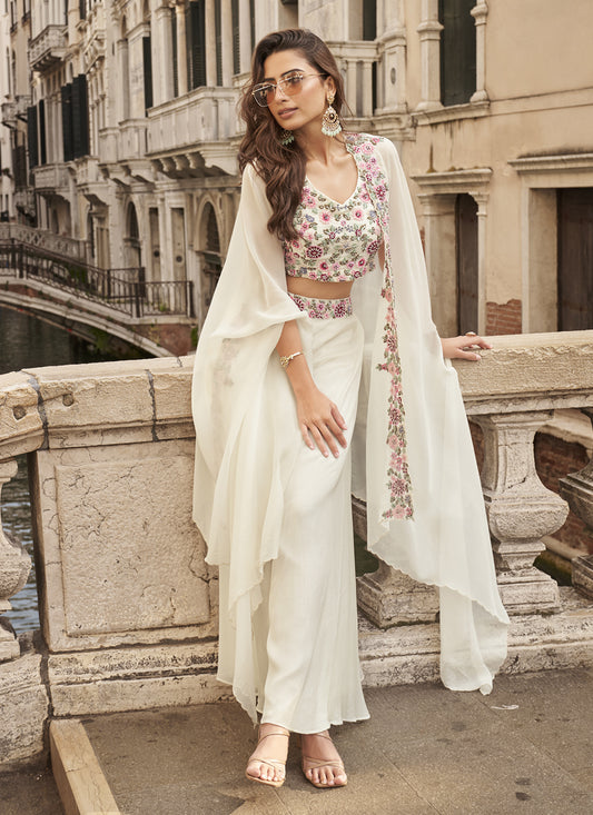 Pearl White Cording & Sequins Embroidered Designer IndoWestern