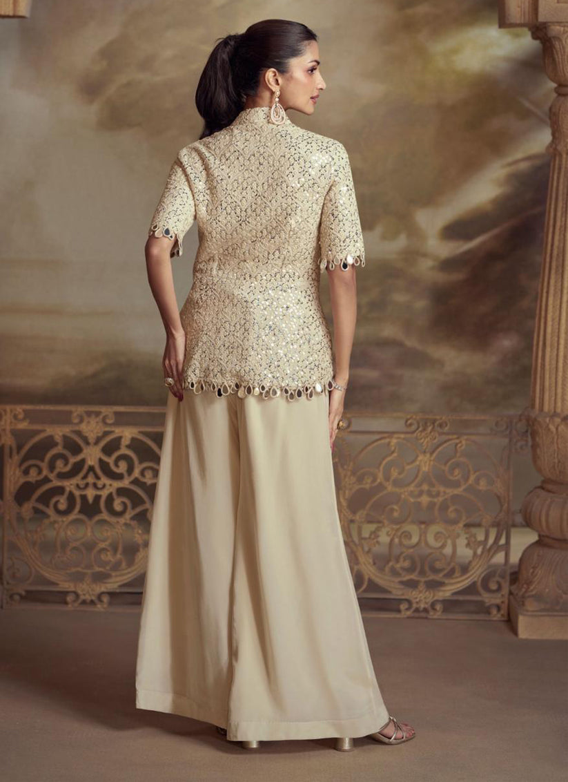 Luxury Cream Georgette Embroidered Designer Plazzo Suit