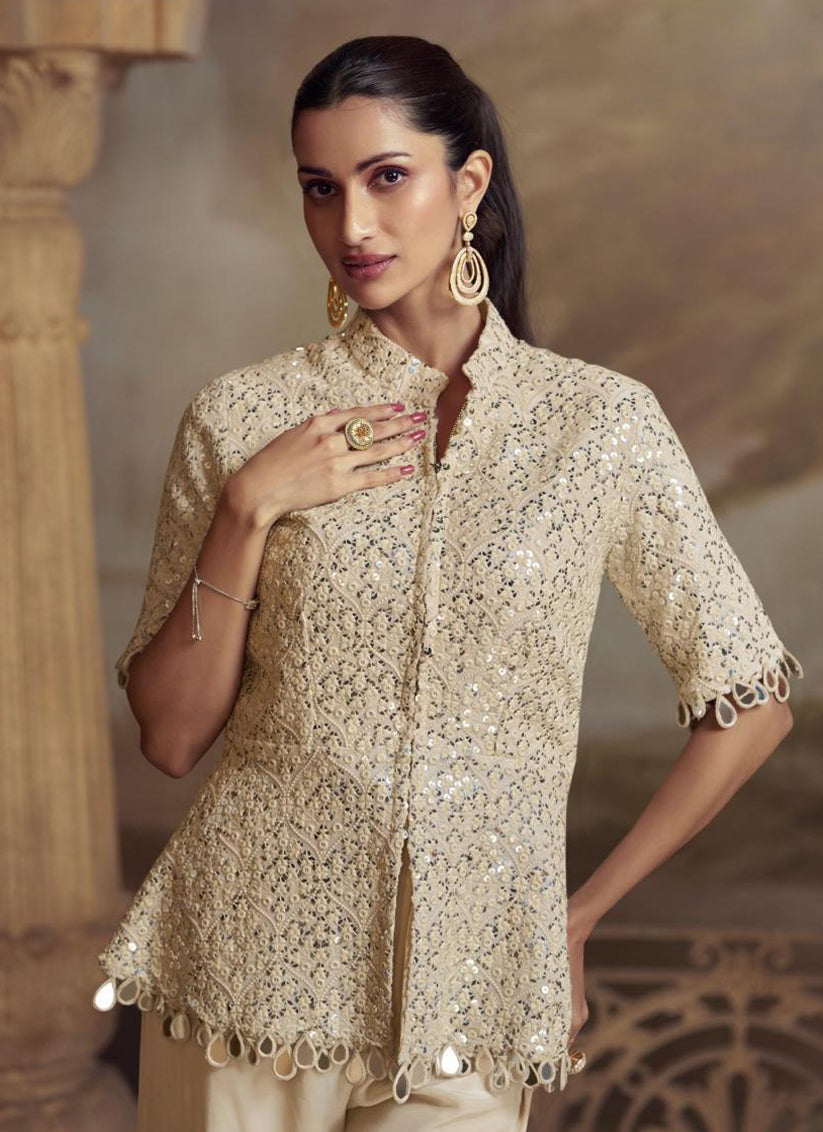 Luxury Cream Georgette Embroidered Designer Plazzo Suit