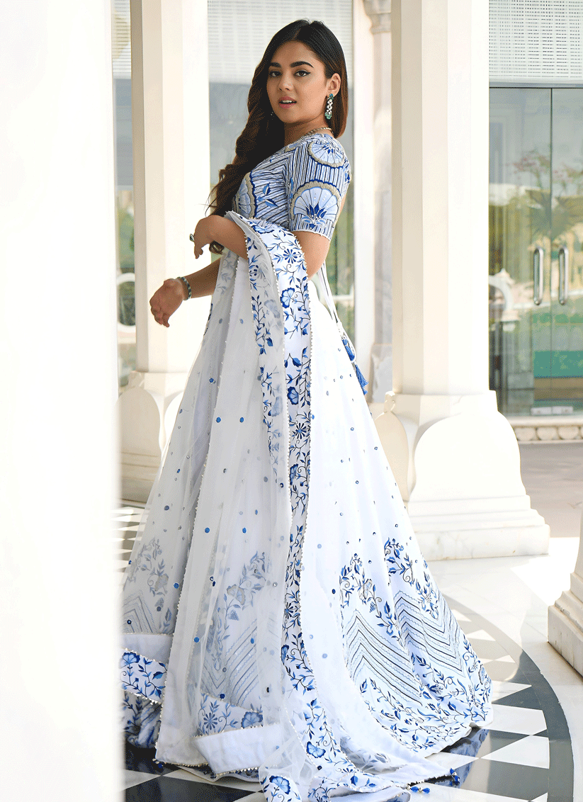 White Satin Embroidered Lehenga Choli for Wedding & Reception