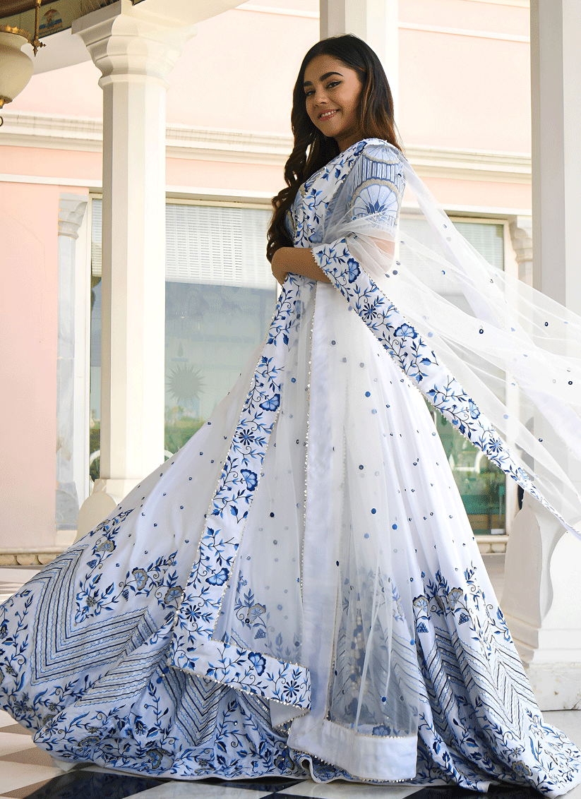 White Satin Embroidered Lehenga Choli for Wedding & Reception