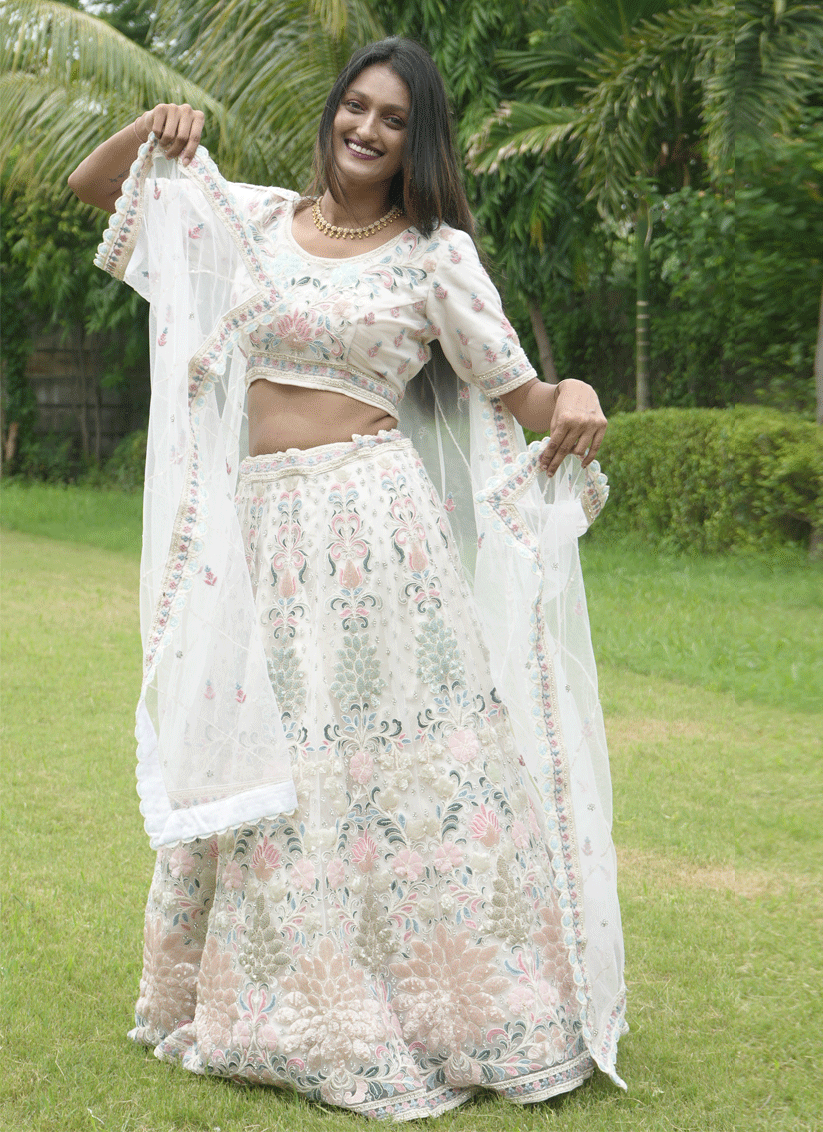 Ivory Net Heavy Thread Embroidered   Designer Lehenga Choli