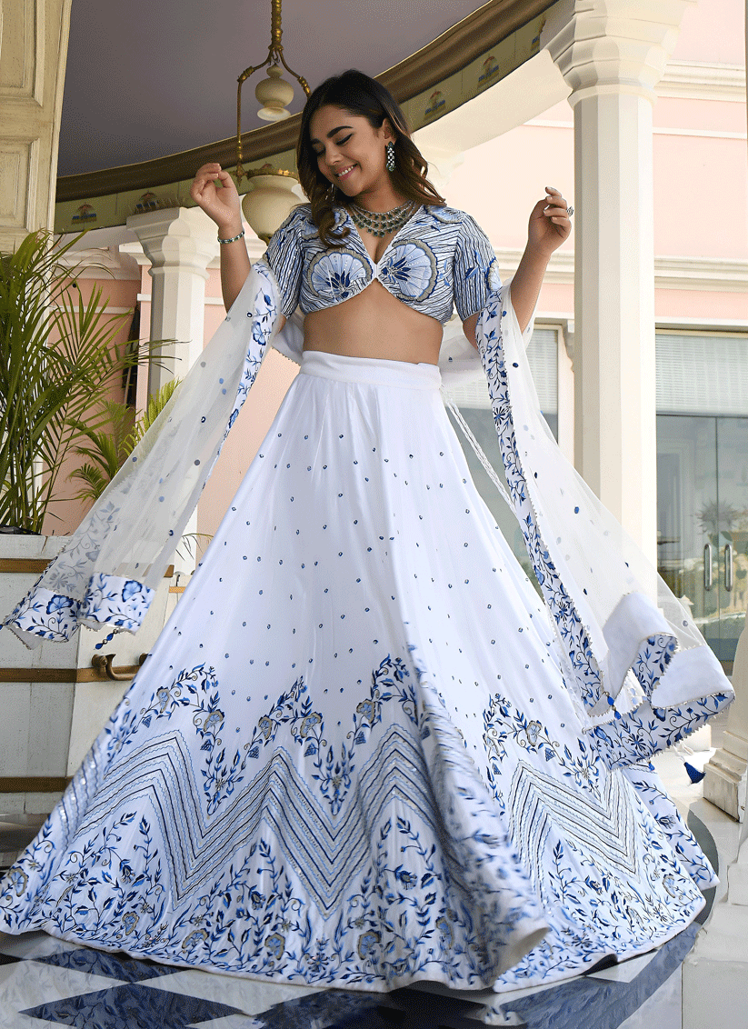 White Satin Embroidered Lehenga Choli for Wedding & Reception