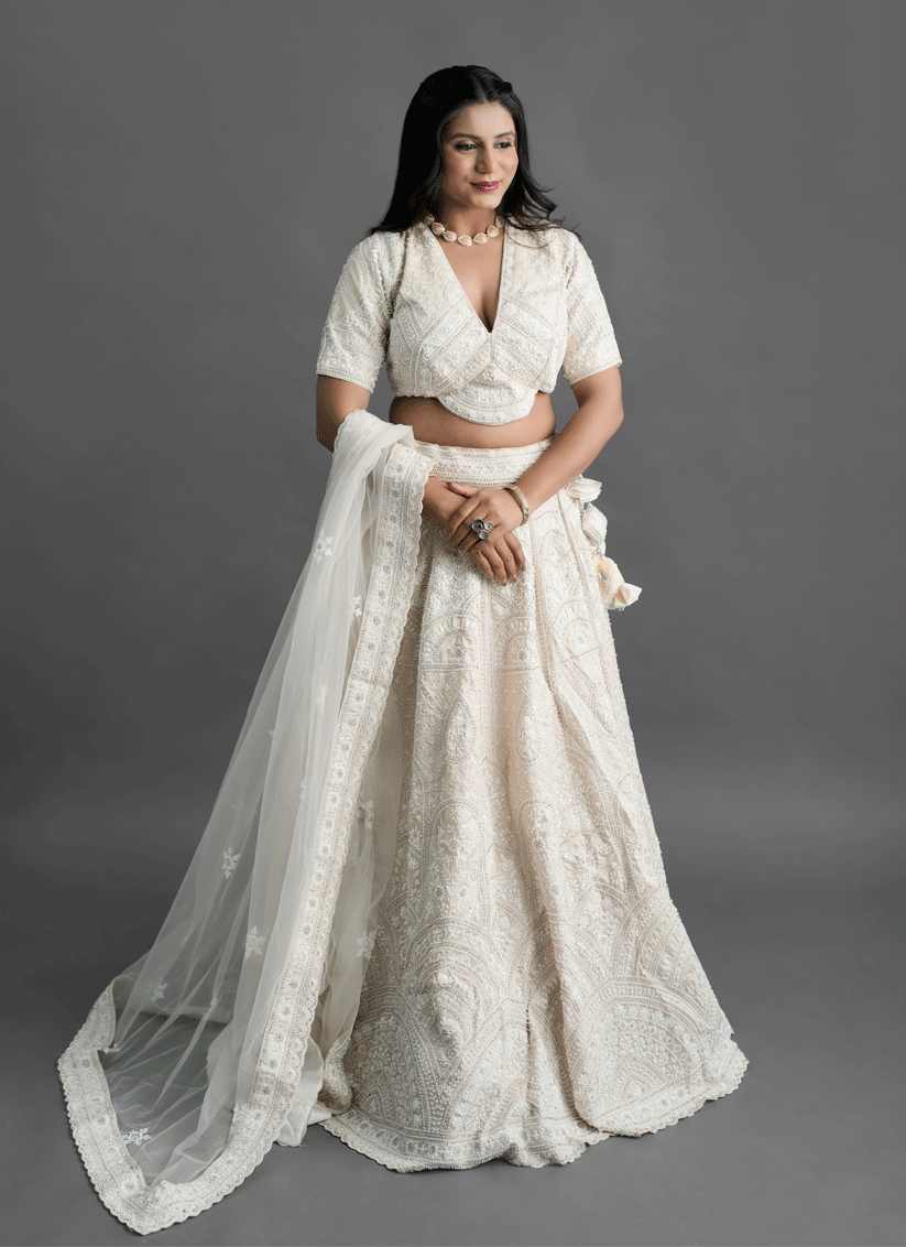 Ivory Silk Heavy Hand Beads Designer Lehenga Choli