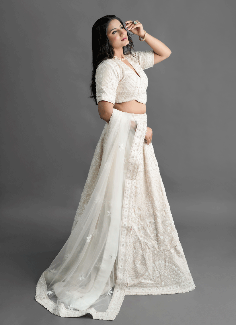Ivory Silk Heavy Hand Beads Designer Lehenga Choli