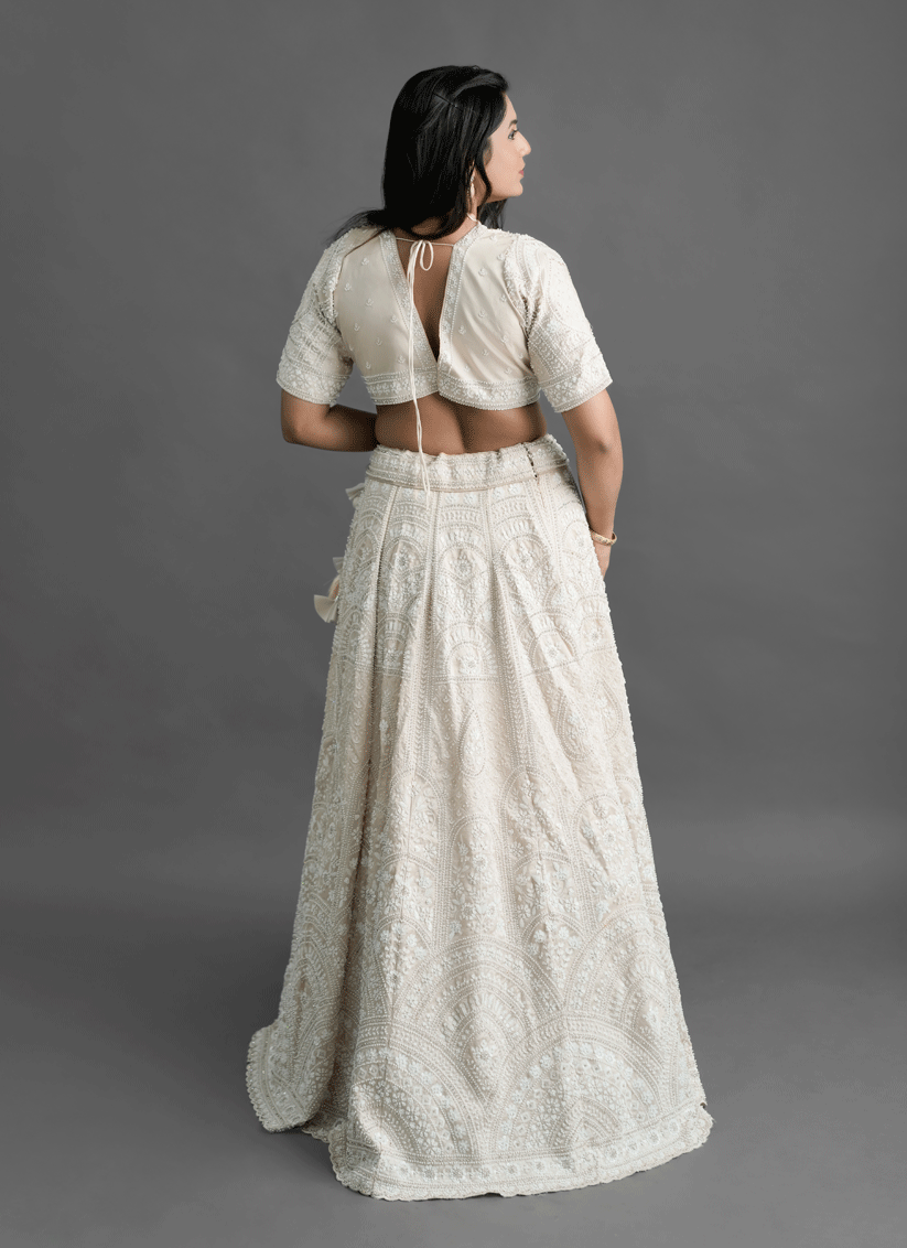 Ivory Silk Heavy Hand Beads Designer Lehenga Choli