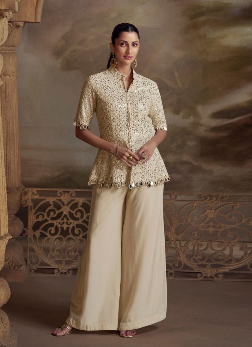 Luxury Cream Georgette Embroidered Designer Plazzo Suit
