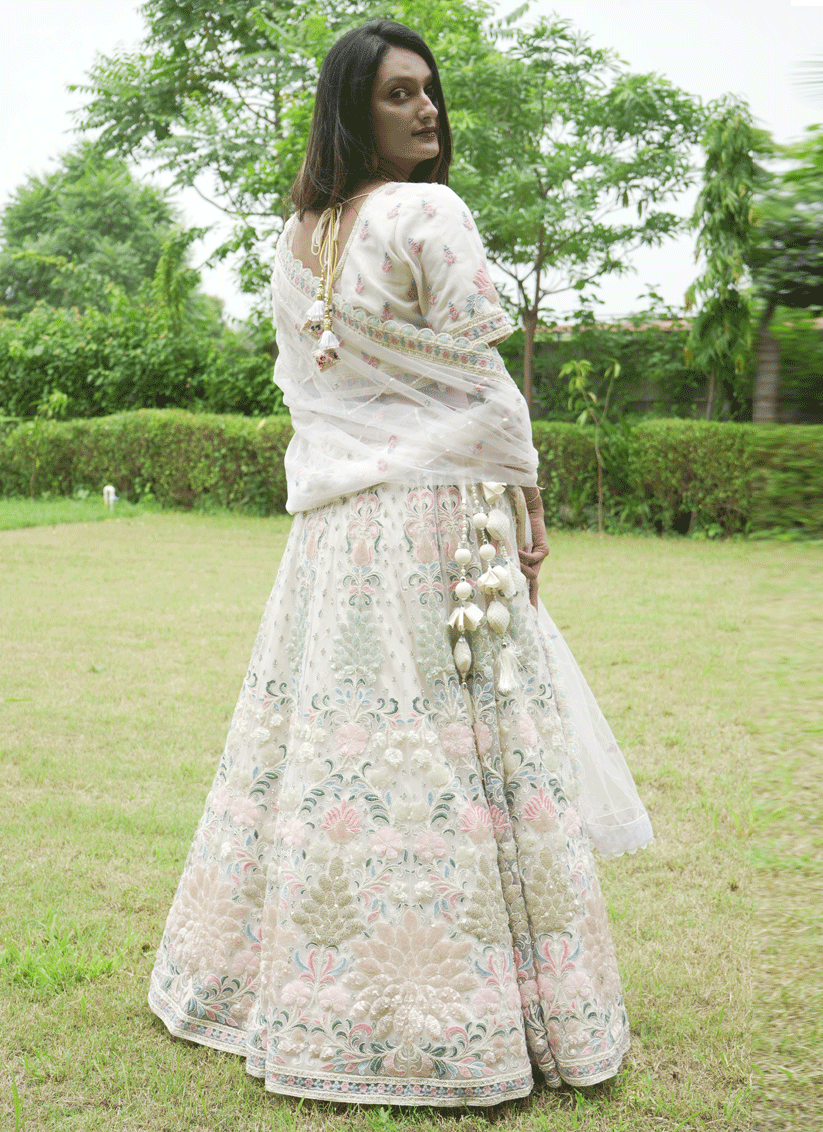 Ivory Net Heavy Thread Embroidered   Designer Lehenga Choli