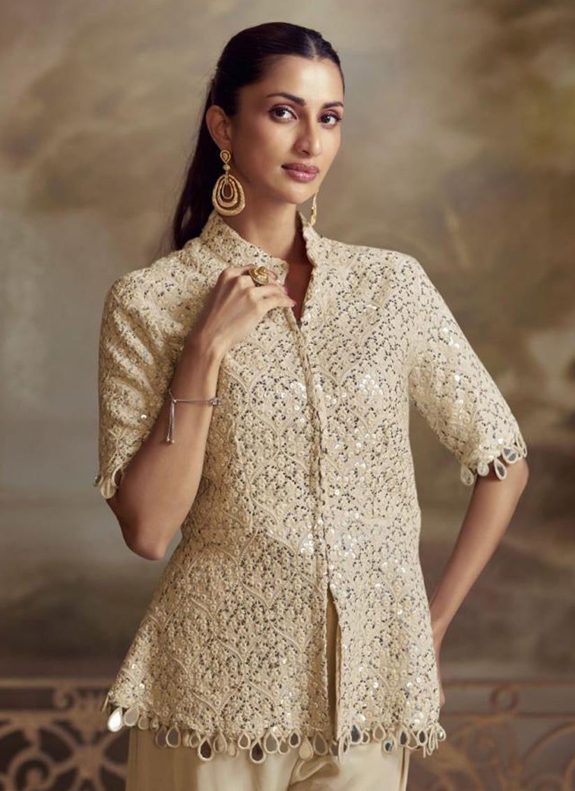 Luxury Cream Georgette Embroidered Designer Plazzo Suit