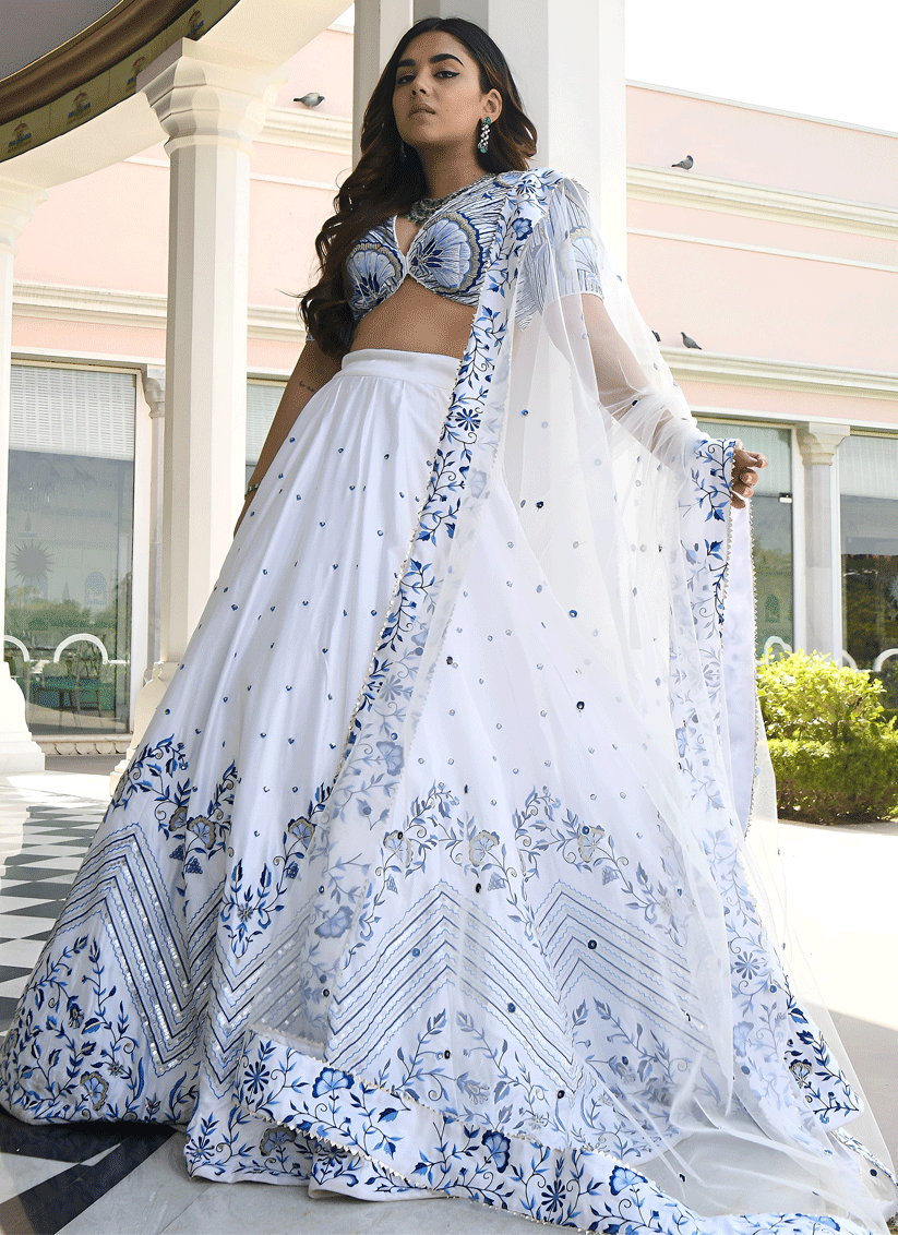 White Satin Embroidered Lehenga Choli for Wedding & Reception
