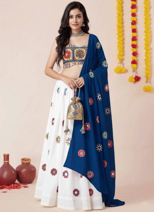 Premium White Rayon Mirror Work Chaniya Choli for Garba & Navratri