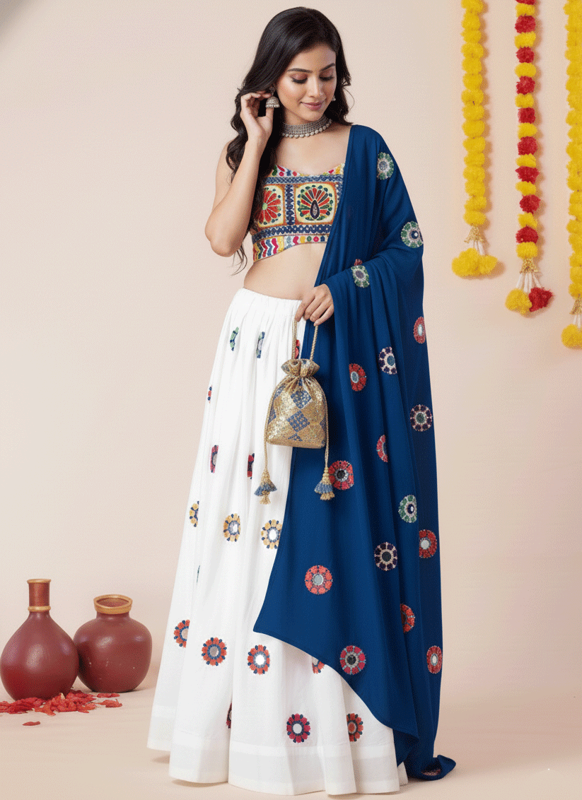 Premium White Rayon Mirror Work Chaniya Choli for Garba & Navratri