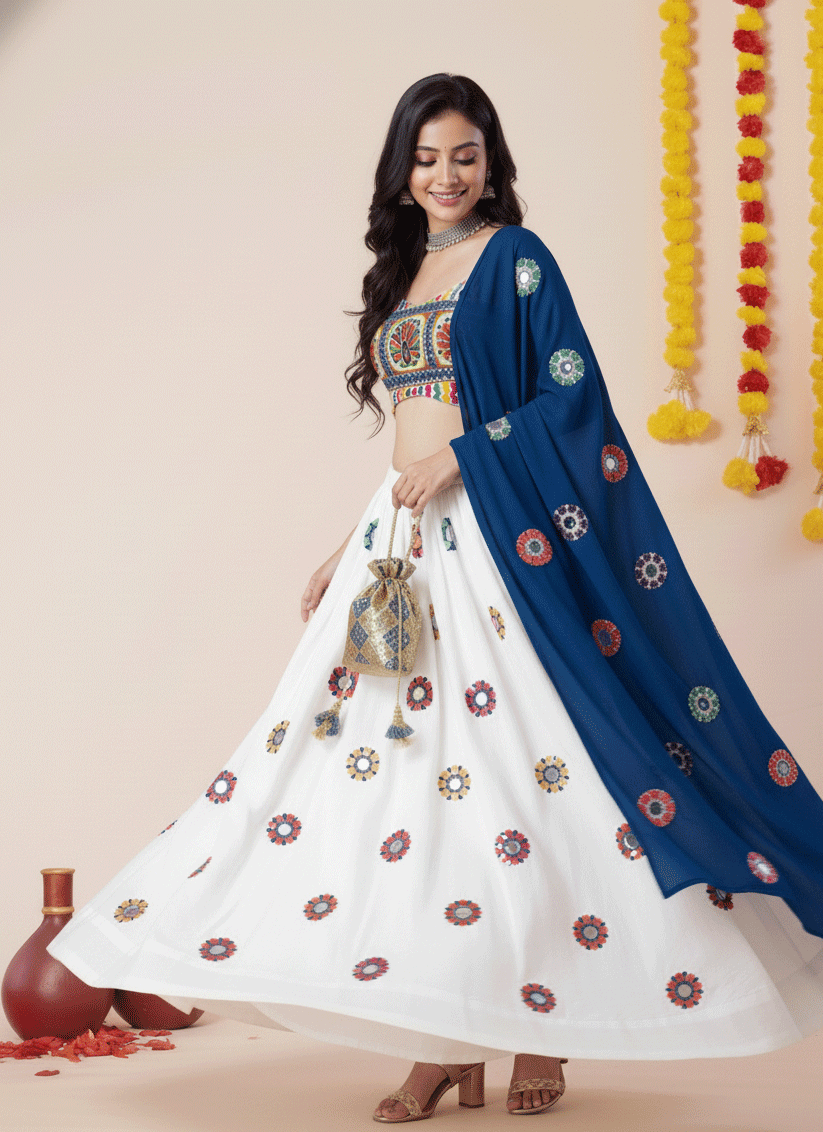 Premium White Rayon Mirror Work Chaniya Choli for Garba & Navratri
