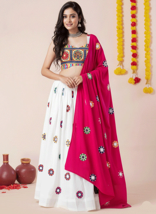 Premium White Rayon Embroidered Chaniya Choli for Garba & Navratri