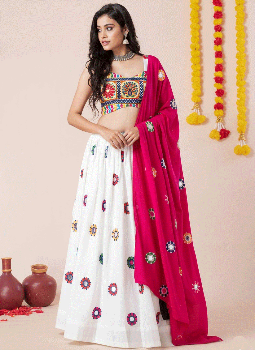 Premium White Rayon Embroidered Chaniya Choli for Garba & Navratri