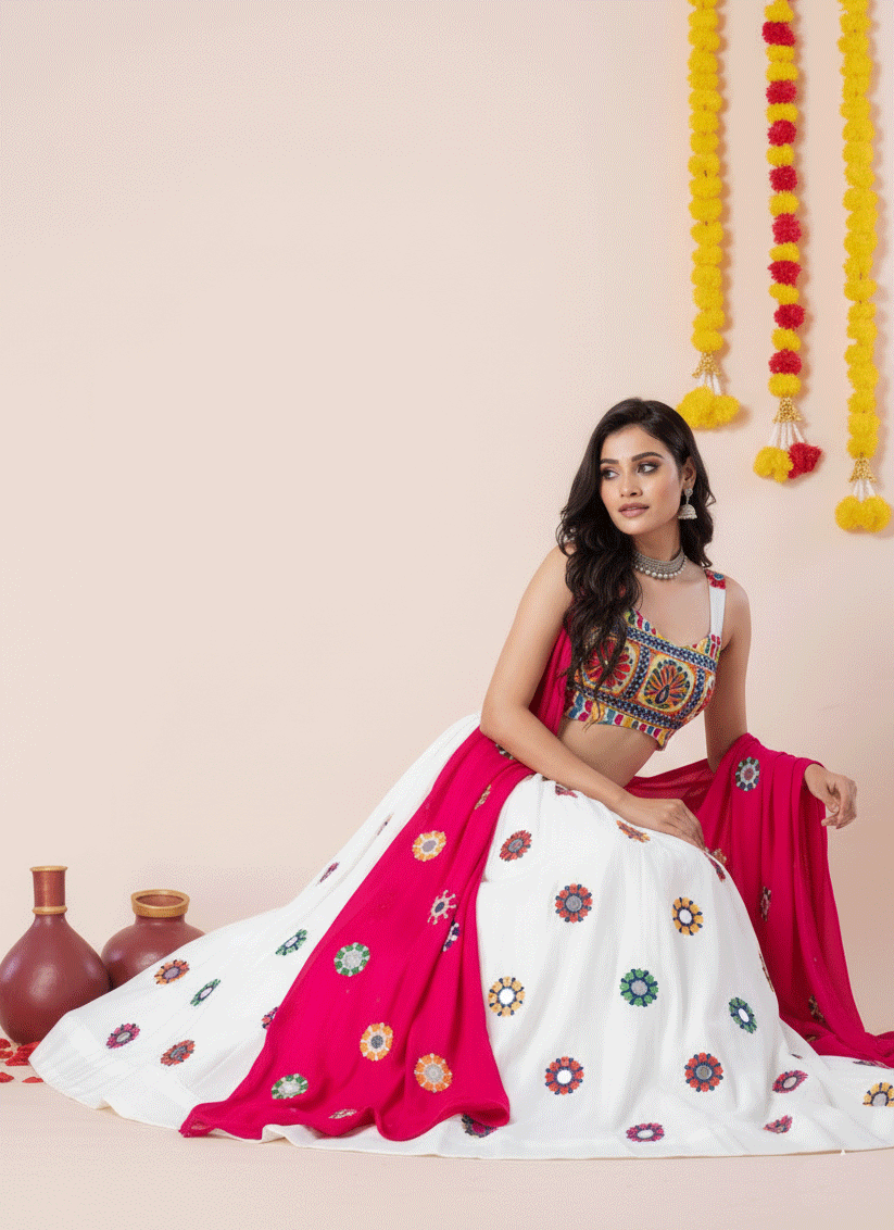 Premium White Rayon Embroidered Chaniya Choli for Garba & Navratri