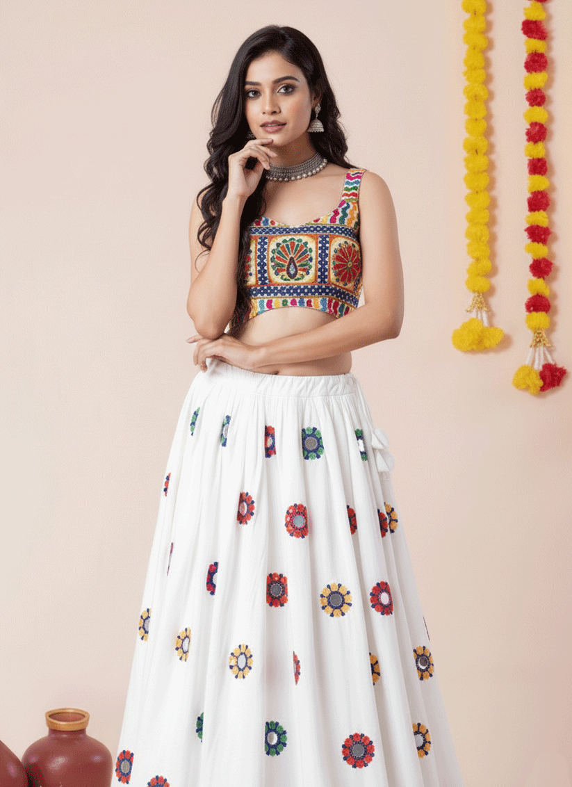 Premium White Rayon Traditional Chaniya Choli for Garba & Navratri