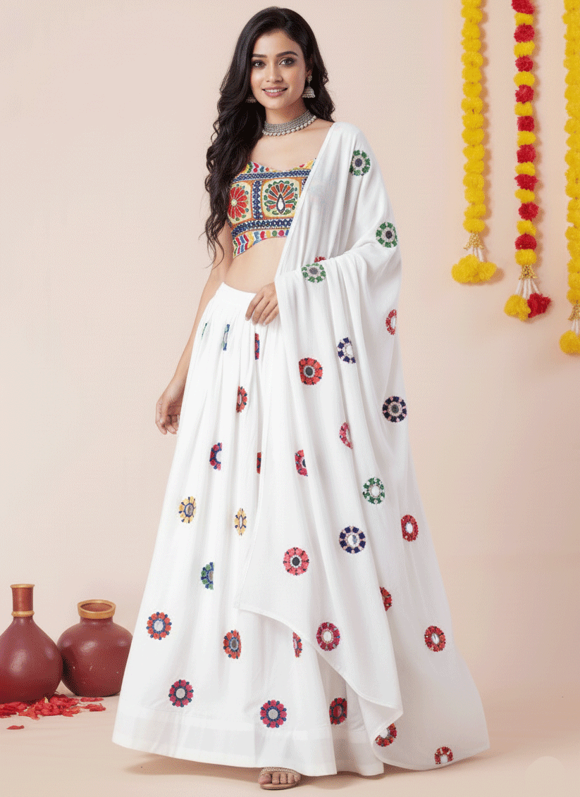 Premium White Rayon Traditional Chaniya Choli for Garba & Navratri
